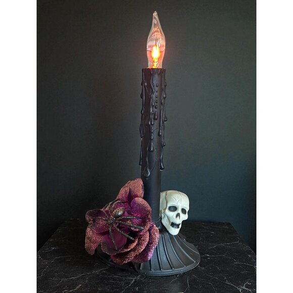 Upcycled Halloween Candle Window Light Electric flicker bulb Skull Pink Rose - Picture 1 of 8